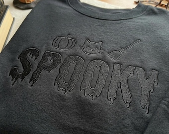 Embroidered Spooky Cat Halloween Sweatshirt, Cute Pumpkin Broom Witch Sweater, Gothic Black Cat Crewneck, Spooky Season Gift Shirt