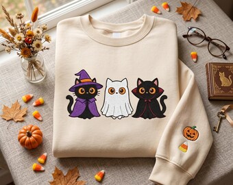 Embroidered Cute Ghost Cat Halloween Sweatshirt, Funny Witch Hat Pumpkin Sweater, Spooky Season Cat Mom Crewneck, Autumn Holiday Shirt