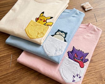 Funny Poke Cartoon Embroidered Sweatshirt, Kawaii Anime Friends Sweater, Cute Monsters Graphic Shirt, Retro Gaming Fan Gift Crewneck