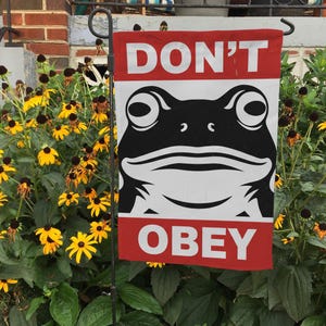 May include: A red and white garden flag with the words "DON'T OBEY" and a large black and white frog graphic. The flag is hanging on a black metal pole in front of a garden.