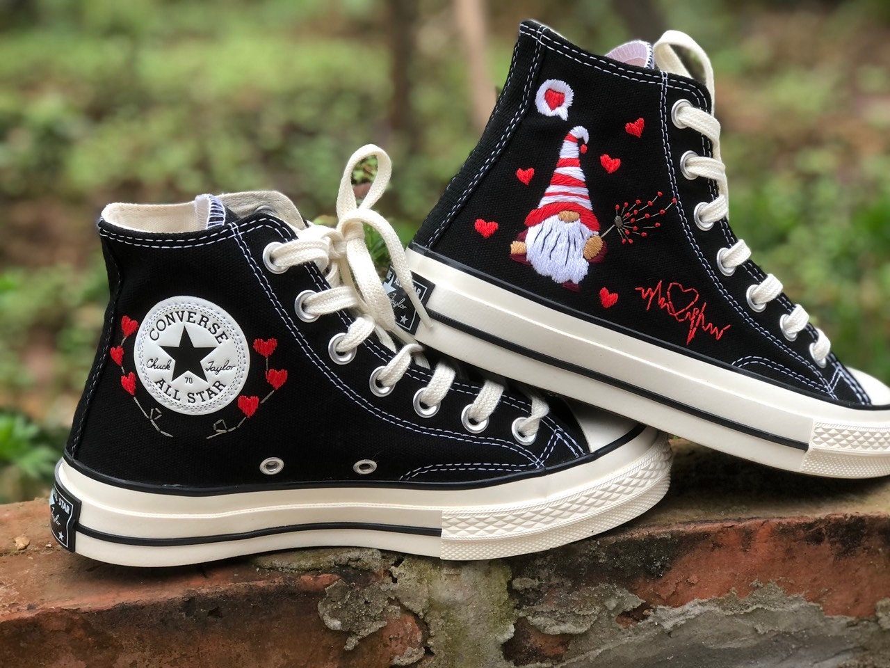 Embroidered Valentine Converse Gnome Love Heart Converse Chuck Taylor 1970s Creative Embroidery On Sneakers Vintage Retro Valentine Gift