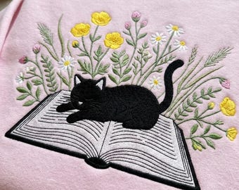 Embroidered Funny Cat Sweatshirt, Cute Kitten In Wildflowers Sweater, Vintage Pet Lover Floral Sleeve Hoodie, Book Lover Reading Shirt