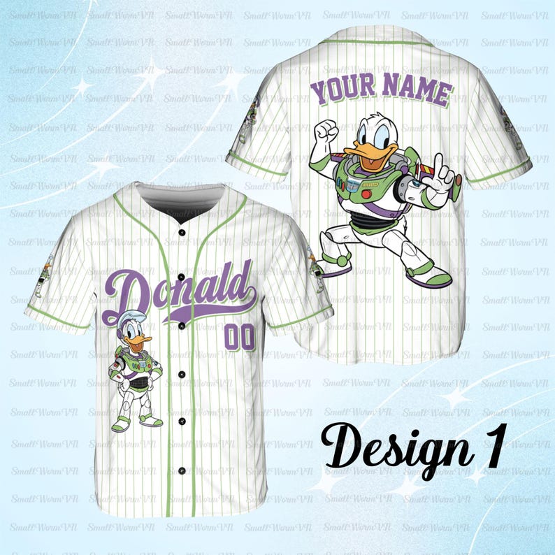 May include: White baseball jersey with green pinstripes and accents. Features the name "Donald" in purple script, the number "00", and a cartoon character. The back has "YOUR NAME" and another character. "Design 1" is written in black script.