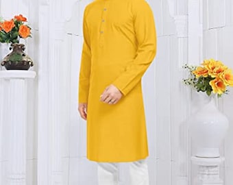 Men Traditional Indian And Pakistani Yellow Kurta white  payjama Set with very good cotton Fabric and stitching guarentee