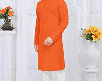 Men Traditional Indian And Pakistani Orange Kurta white  payjama Set with very good cotton Fabric and stitching guarentee