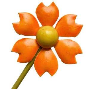 VTG 1960s broche emaille bloem oranje chartreuse lange steel mod sieraden