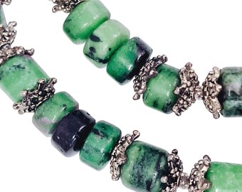 Genuine Ruby in Zoisite Green Gemstone Bead Necklace Silver Tone Artisan Choker