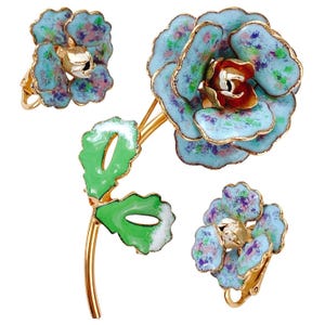 VTG Mid Century Enamel Flower Brooch, Clip Earrings Set Gold Tone 1950s Jewelry