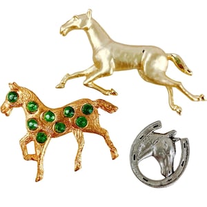 Lot of 3 Vintage Horse Brooches and Sterling Charm, Mid Century Equestrian Figural Jewelry