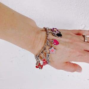 Minnie Mouse Disney Themed Charm Bracelet Silver Tone Pink Enamel VTG Y2K image 7