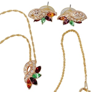 VTG Uranium Glass Signed RAMAN Necklace Earrings Set, Mid Century, Rhinestones