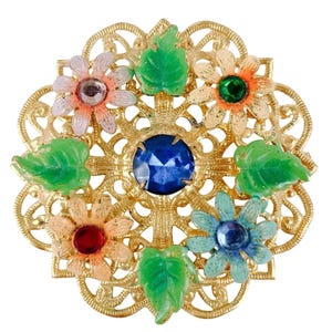 Vintage Gold-Tone Filigree Brooch Enamel Flowers and Rhinestones C-Clasp 50s-60s
