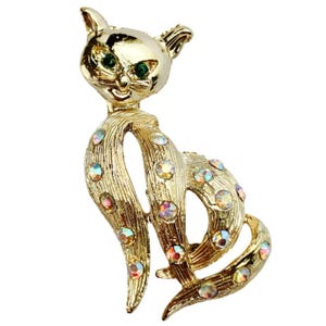 VTG Mid Century Creepy Cute Brooch Cat Figural Rhinestone Gold Tone Kitschy Pin