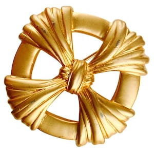 Vintage Matte Gold Tone Ribbon Knot Brooch 1970s 1980s Bold Statement Pin