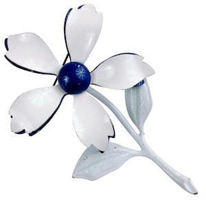 Vintage 60&#39;s Blue White Enamel Flower Brooch Pin Retro Mid Century Metal Jewelry