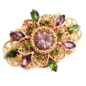 VTG Mid Century Uranium Glass Gold Tone Filigree Brooch Green Purple Rhinestones