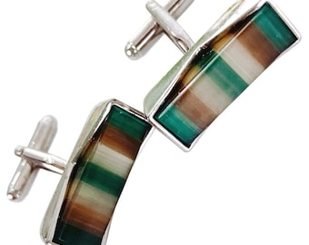Vintage 1970s Striped Glass Inlay Modernist Geometric Cufflinks Mens Mod Jewelry