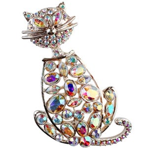 VTG Brooch AB Rhinestone Articulated Cat Figural Kitty Moving Tail Pin Sparkly