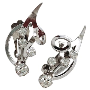 VTG 1950s Mid Century Silver Tone Rhinestone Clip On Earrings