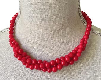 Vintage 1950s 17" Necklace Cherry Red Beaded Mid Century Rockabilly Jewelry