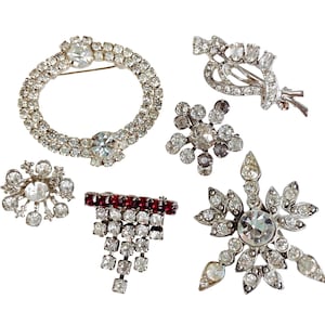 VTG Lot Of 6 Brooches Mid Century Rhinestone Silver Tone 1950s 1960s