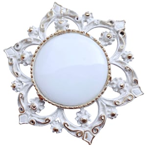 Vintage Mid Century White Milk Glass Enamel Gold Tone Brooch Floral Pin 1960s
