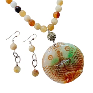 Jadeite Double Fish Pendant Necklace Earrings Set, Real Stone Beads Boho Jewelry