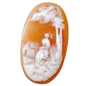 Antique 1890s–1910 Shell Cameo Woman Cottage Scene Hand Carved Unmounted Jewelry