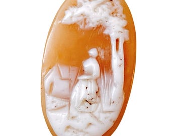 Antique 1890s–1910 Shell Cameo Woman Cottage Scene Hand Carved Unmounted Jewelry