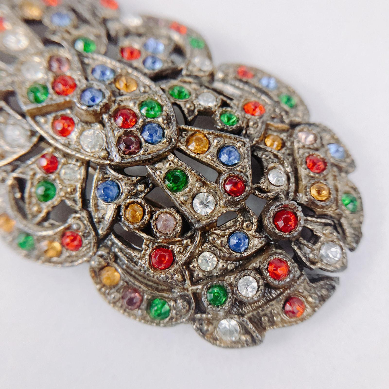 Vintage Art Deco Rhinestone Brooch: Multicolor Pot Metal 