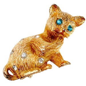 VTG Mid Century Gold Tone Cat Brooch Aqua and Clear Rhinestones Figural Pin