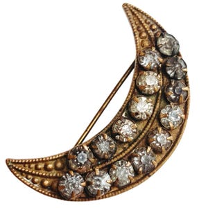 Unusual Antique Victorian Crescent Moon Brooch Prong Set Rhinestones Pin 1880s