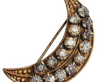 Unusual Antique Victorian Crescent Moon Brooch Prong Set Rhinestones Pin 1880s