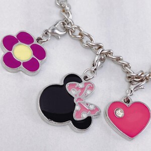 Minnie Mouse Disney Themed Charm Bracelet Silver Tone Pink Enamel VTG Y2K image 4