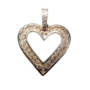 Signed Alice Caviness VTG Sterling Germany Two Tone Silver Heart Pendant, Ornate Filigree