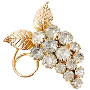 Vintage Mid Century Grape Cluster Brooch Prong Set Clear Rhinestone Grapes Pin