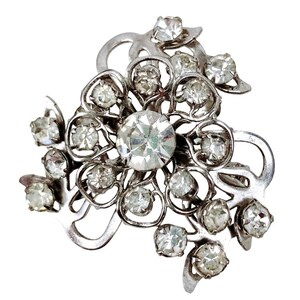 Vintage 1950s Mid Century Silver Tone Rhinestone Layered Floral Brooch Pin