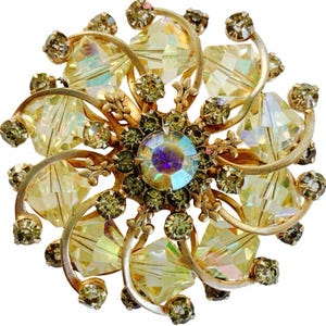 Vintage Mid Century Aurora Borealis Rhinestone Gold Tone Layered Brooch 50s 60s