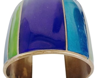 VTG Y2K Signed Kenneth Cole Brass Cuff Bracelet Enamel Color Block Wide Modern