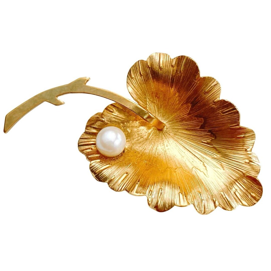 VTG Signed Wells 14K GF Brooch Ginkgo Leaf Pearl Mid Century