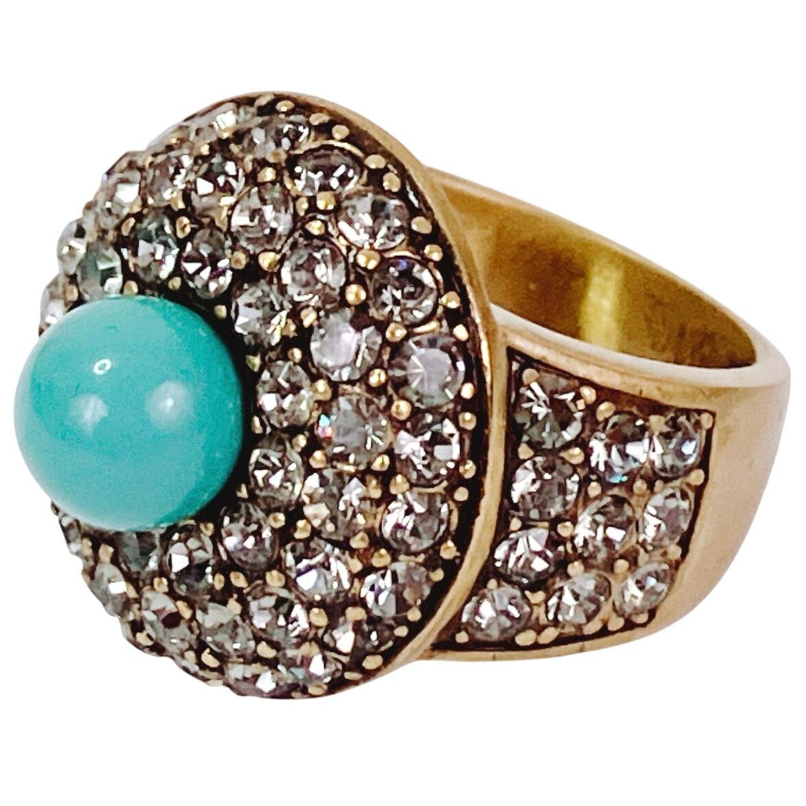 Bague Signée Heidi Daus Avec Onyx, Turquoise Et Cristal Clair - Taille 12, Authentique, Neuf Sans Emballage