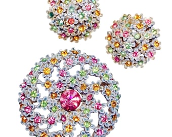 Signed ART Uranium Glass Enamel Rhinestone Floral Brooch Clip Earrings Set VTG