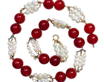 VTG 15" ketting halfedelstenen carneoolkraal nepparels 14k vergulde choker