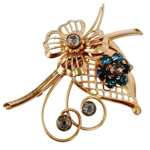 VTG Signed Harry Iskin 12K GF Blue Rhinestone Floral Brooch Mid Century 1950s