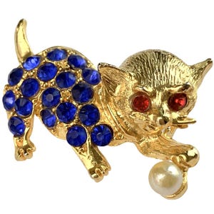 VTG Whimsical Figural Cat Brooch Gold Tone Red Blue Rhinestone Playful Pin