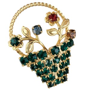 VTG Mid Century Brooch Rhinestone Flower Basket Gold Tone Multicolor Pin