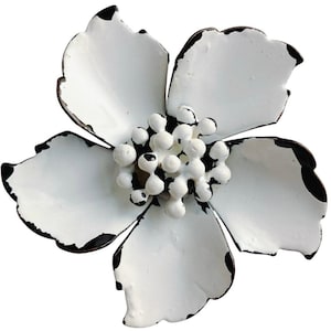 Vintage 1960s Brooch White Enamel Metal Mod Flower Black Edge Mid Century Pin