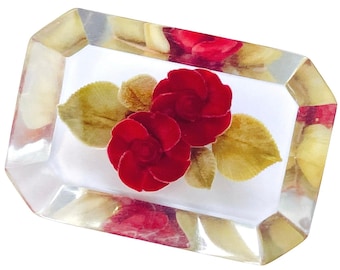 Vintage 1940s Reverse Carved Lucite Floral Brooch Red Roses Mid Century Jewelry