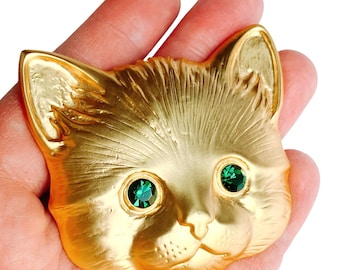 VTG Large 1980s Brooch Cat Face Rhinestone Eyes Novelty Figural Gold Tone Pin