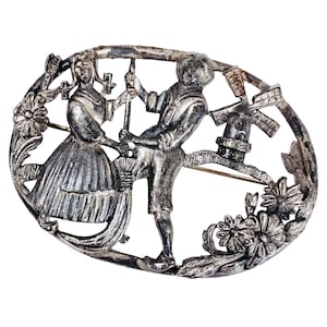 Vintage 1930s Brooch Dutch Folk Couple Windmill Scene C Clasp Pot Metal Pin